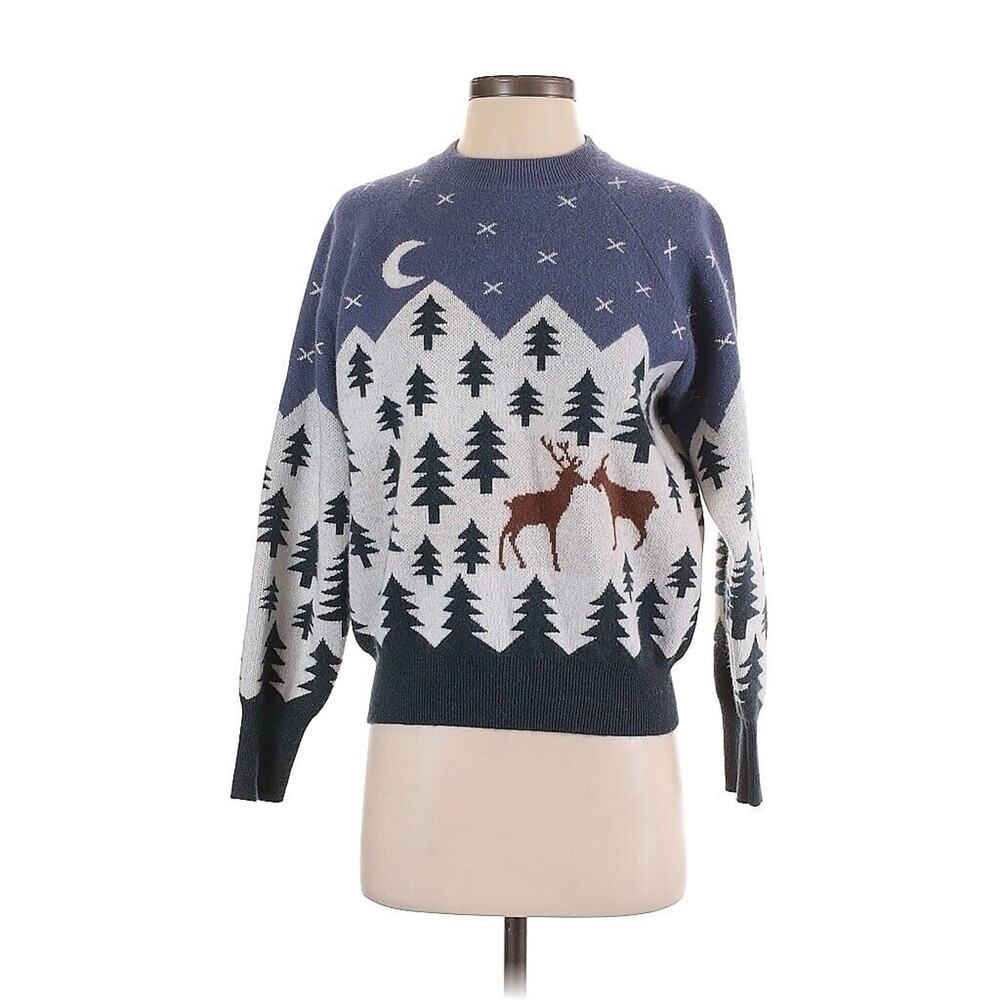 Naadam 100% Cashmere Scenic Snow Cottage Fair Isle Sweater Winter Novelty XS